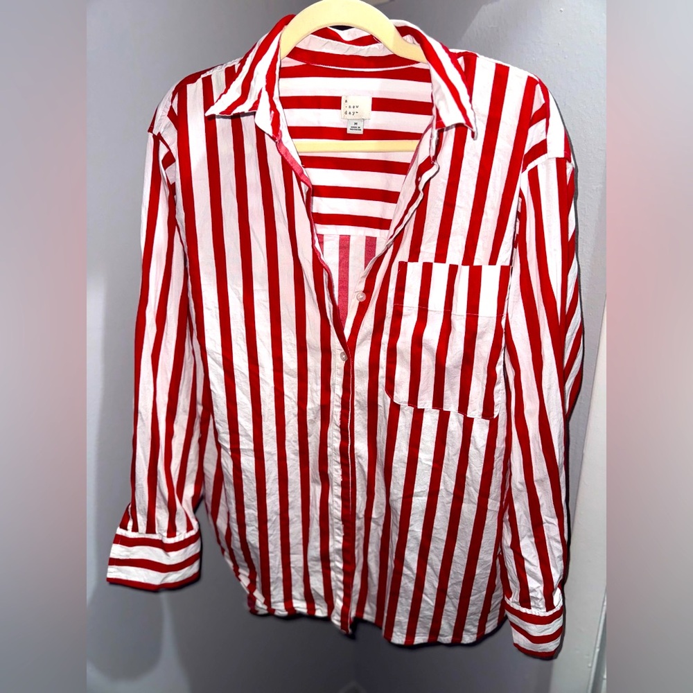 Red and White Striped Button-Up Shirt